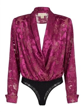 Cache Plum Satin Floral Bodysuit with Black Lace Bottom Medium NWT